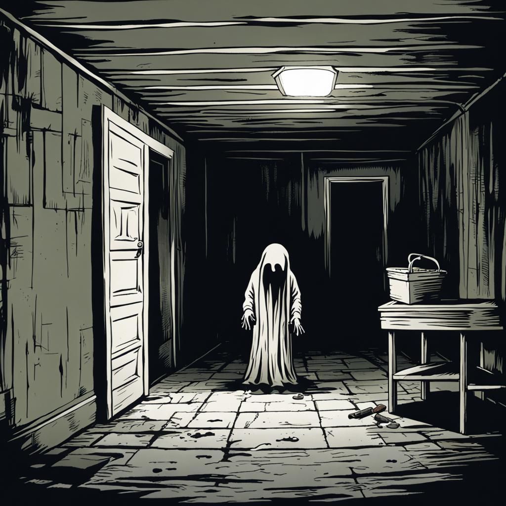 Sinister Ghost Lurking in Dark Basement Corner