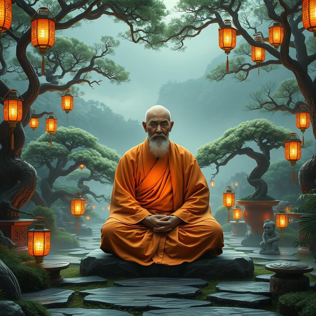 Enlightened Monk Meditating in Zen Garden