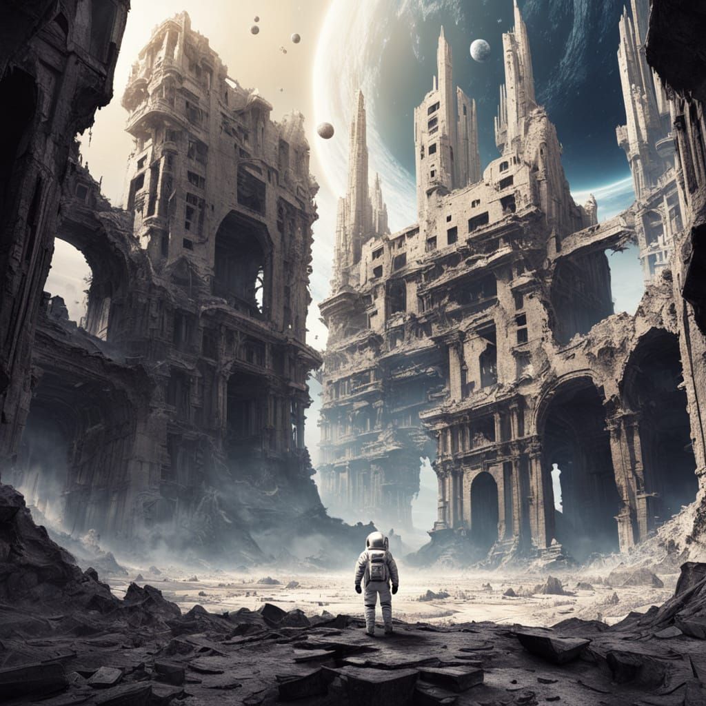 Astronaut Among Ancient Alien City Ruins