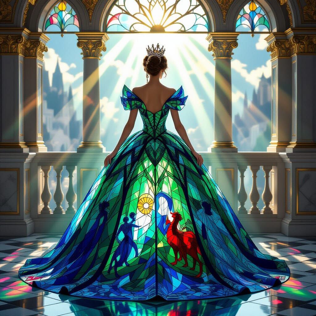 Queen in Stained Glass Gown on Crystalline Balcony