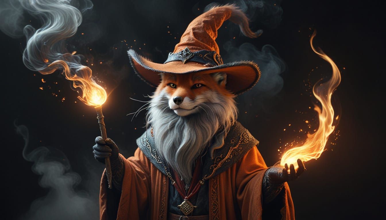 Wizard Transforms Cat to Fox with Fiery Magic