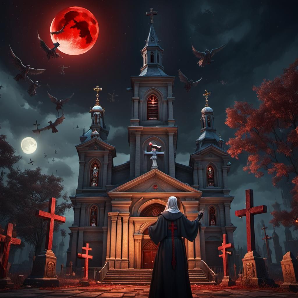 devil spawned nun with upside down cross and bible surrounded by upside down crosses in front of a church with a red blo...