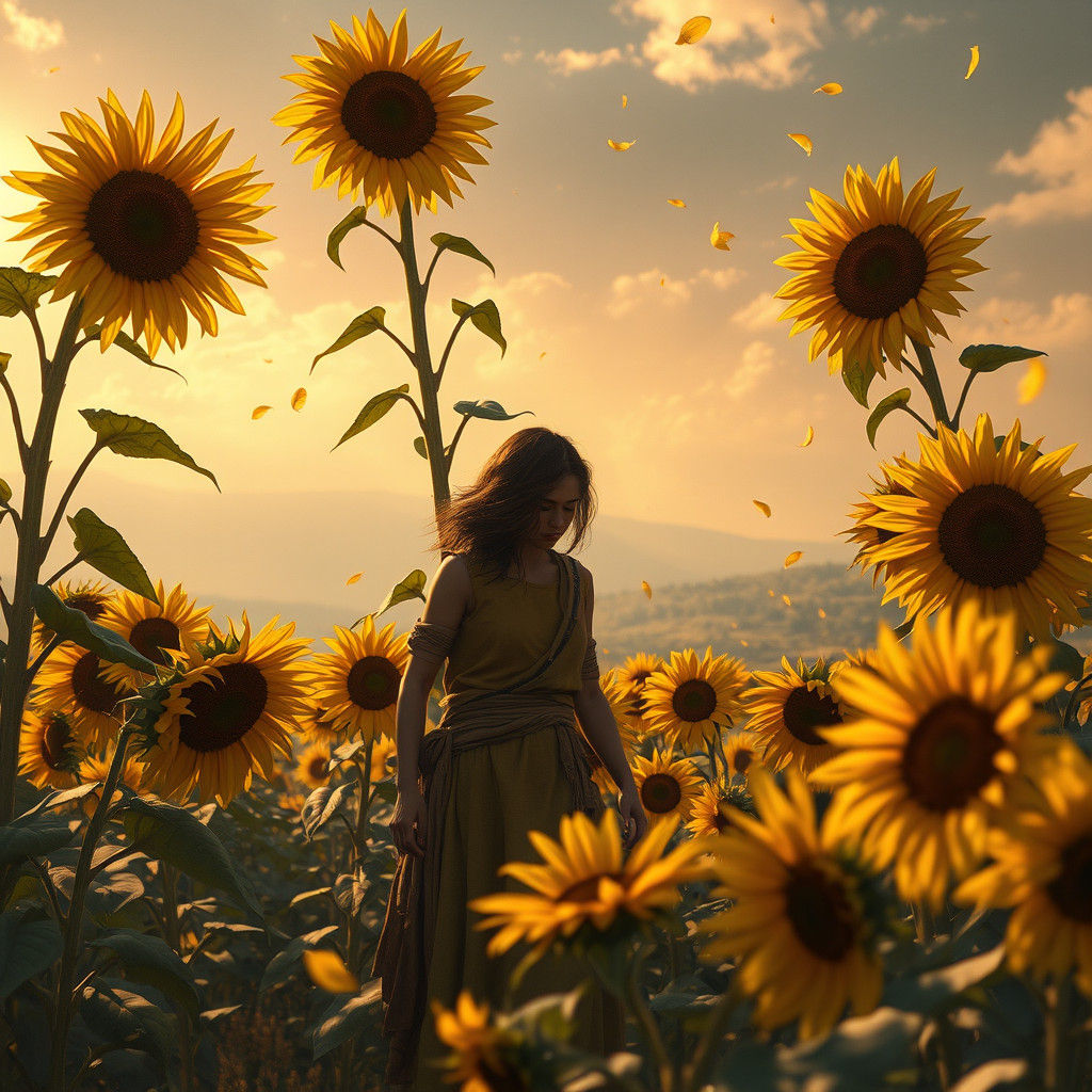 Harvesting Sunflowers in a Mystical Landscape