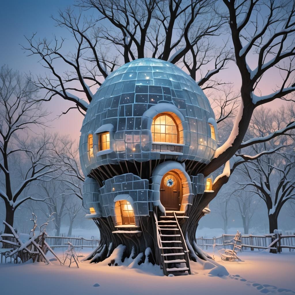 Glowing Ice Igloo Treehouse in Winter Landscape