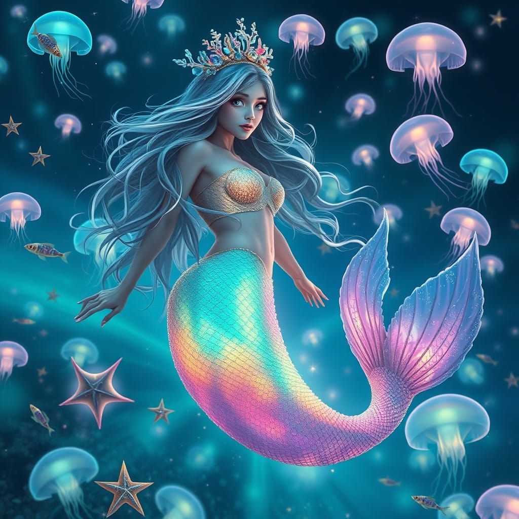 Hyper-Realistic Mermaid in Bioluminescent Ocean