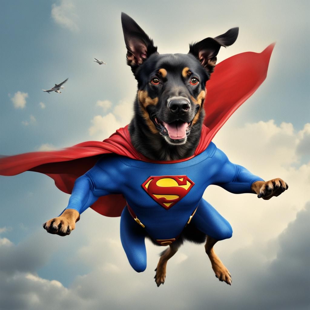 Realistic Flying Superman Dog Image