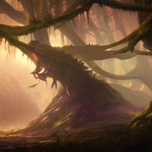 Dragon in Ancient Forest: Detailed Matte Painting