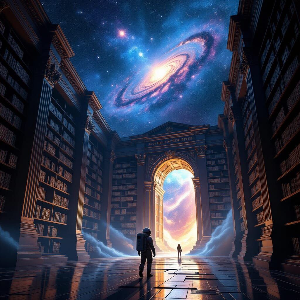 Cosmic Library in Nebula: Astronaut Explores Infinite Wonder
