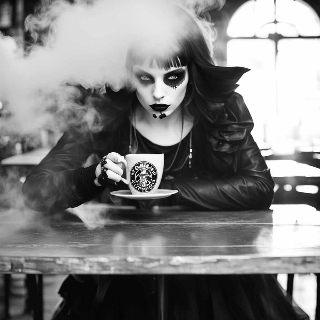 Goth Model in Smoky Coffee Shop: Black and White