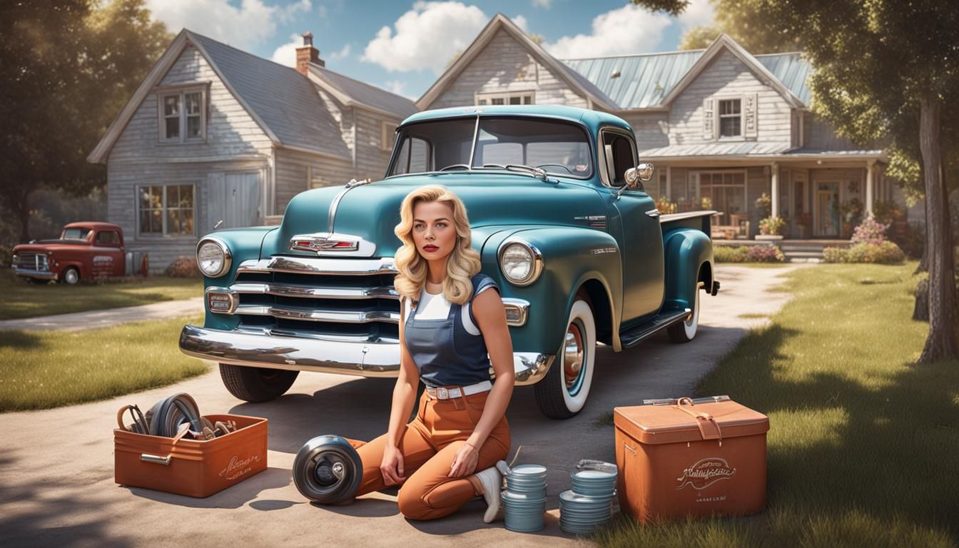 All-American Girl and Chevy Truck, Detailed Matte Painting