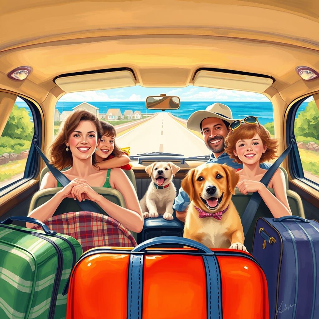 Family Road Trip to the Seaside in Realistic Style
