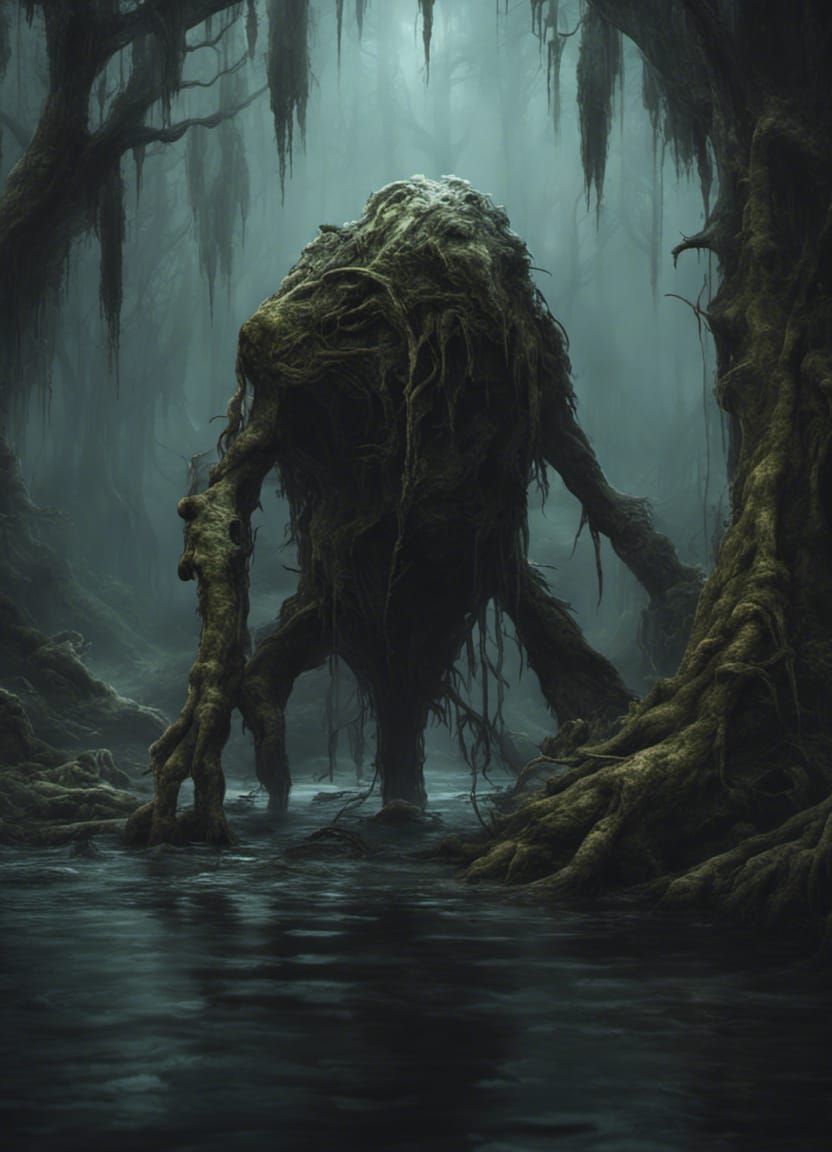 Lanky Creature Emerges from Dark Swamp: Fantasy Art