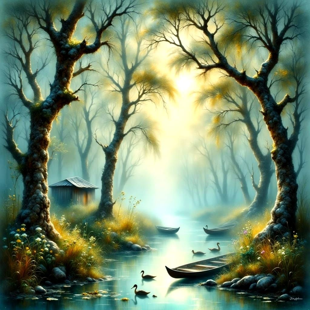 Misty Dawn in Louisiana Bayou with Cypress Trees and Spanish...