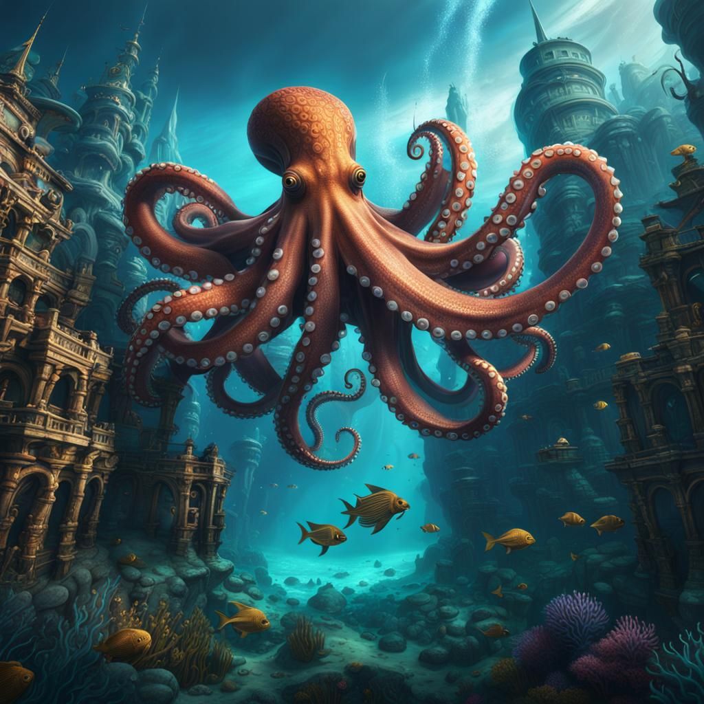 Giant Octopus Guards Sunken City in Detailed Matte Painting