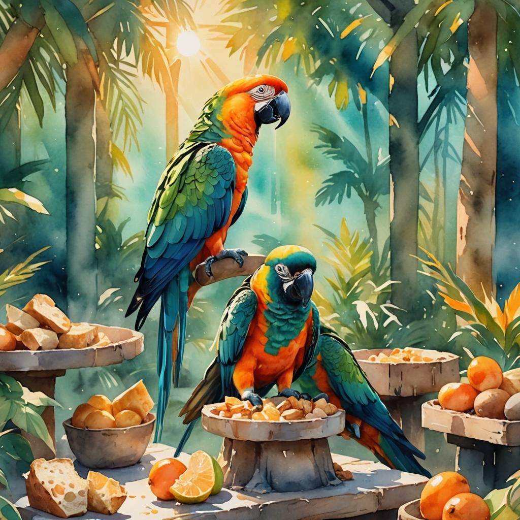 Parrot Eating Bread in Sunny Zoo, Watercolor Art