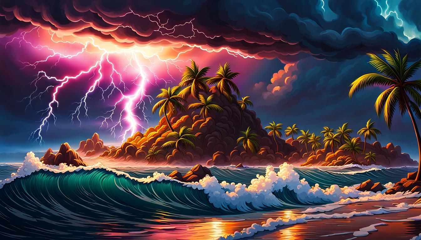 Tropical Island Thunderstorm at Sunset in Hyperrealism