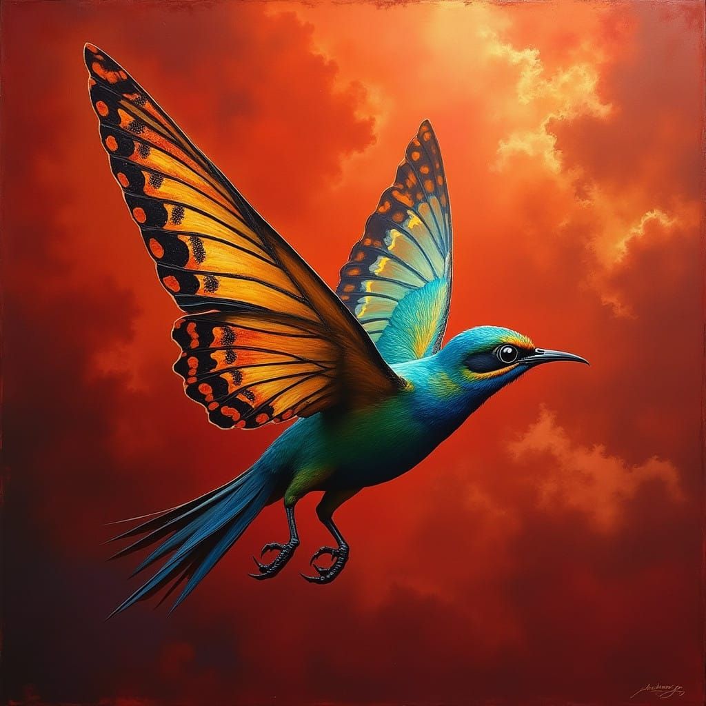 Bird Takes Flight with Butterfly Wings in Vibrant Crimson Sk...