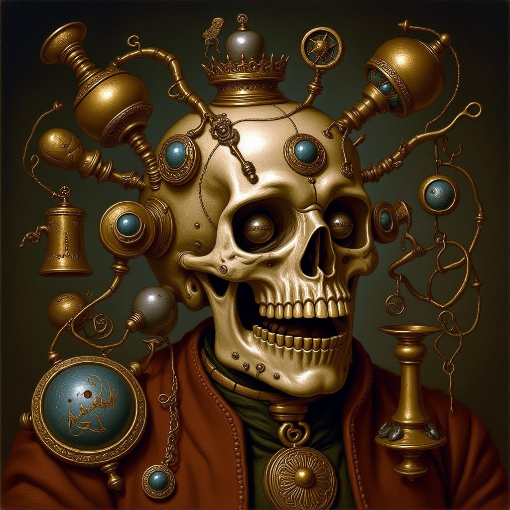 Ornate Mechanical Skull Inspired by Holbein's Ambassadors
