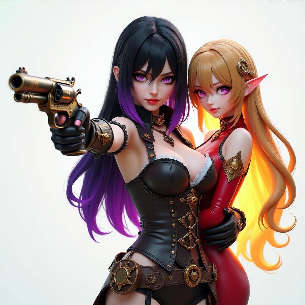 Gothic Steampunk Woman Aims Pistol, Holding Mage Companion