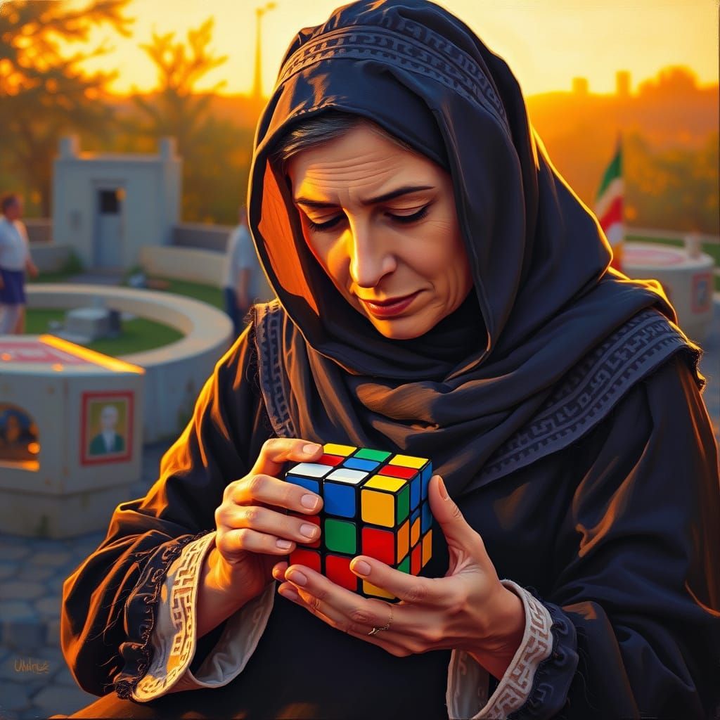 Woman Solves Rubik's Cube at Sunset, Impressionistic Oil Pai...
