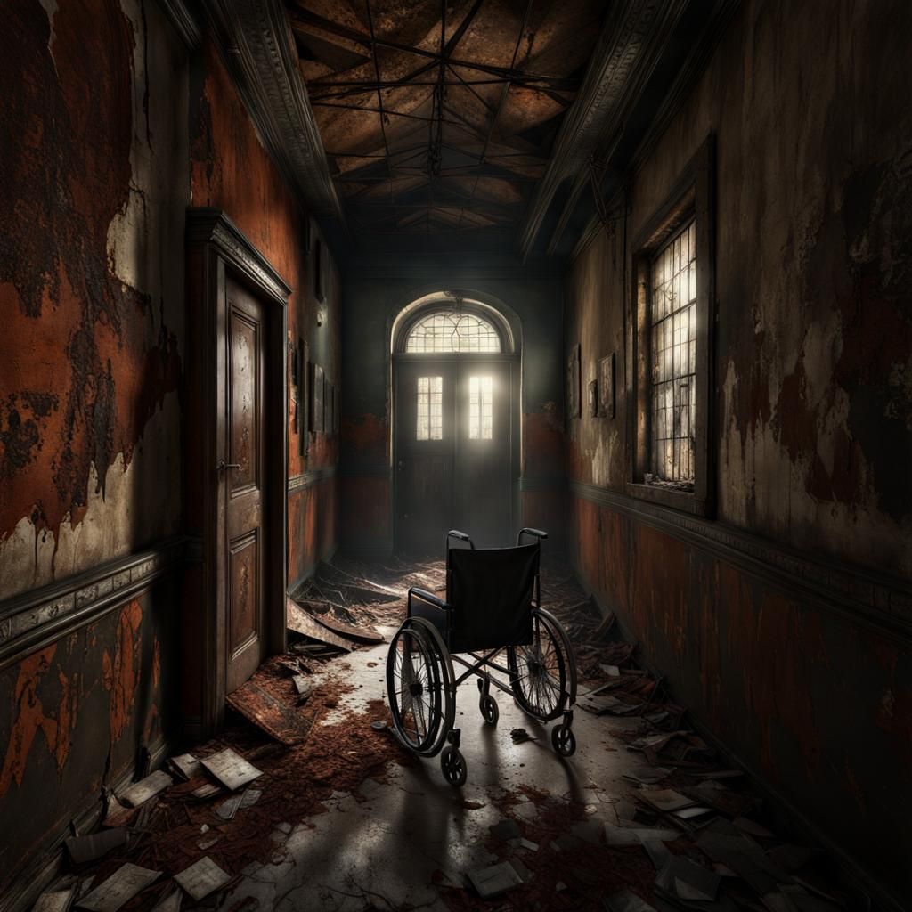 Dilapidated Asylum Corridor with Old Wheelchair