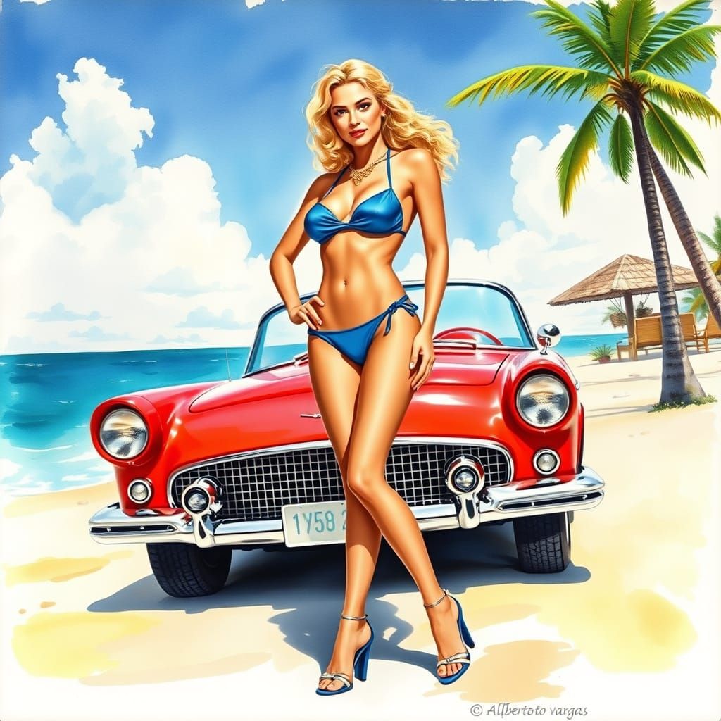 Blonde in Blue Bikini with Thunderbird, Expressive Watercolo...