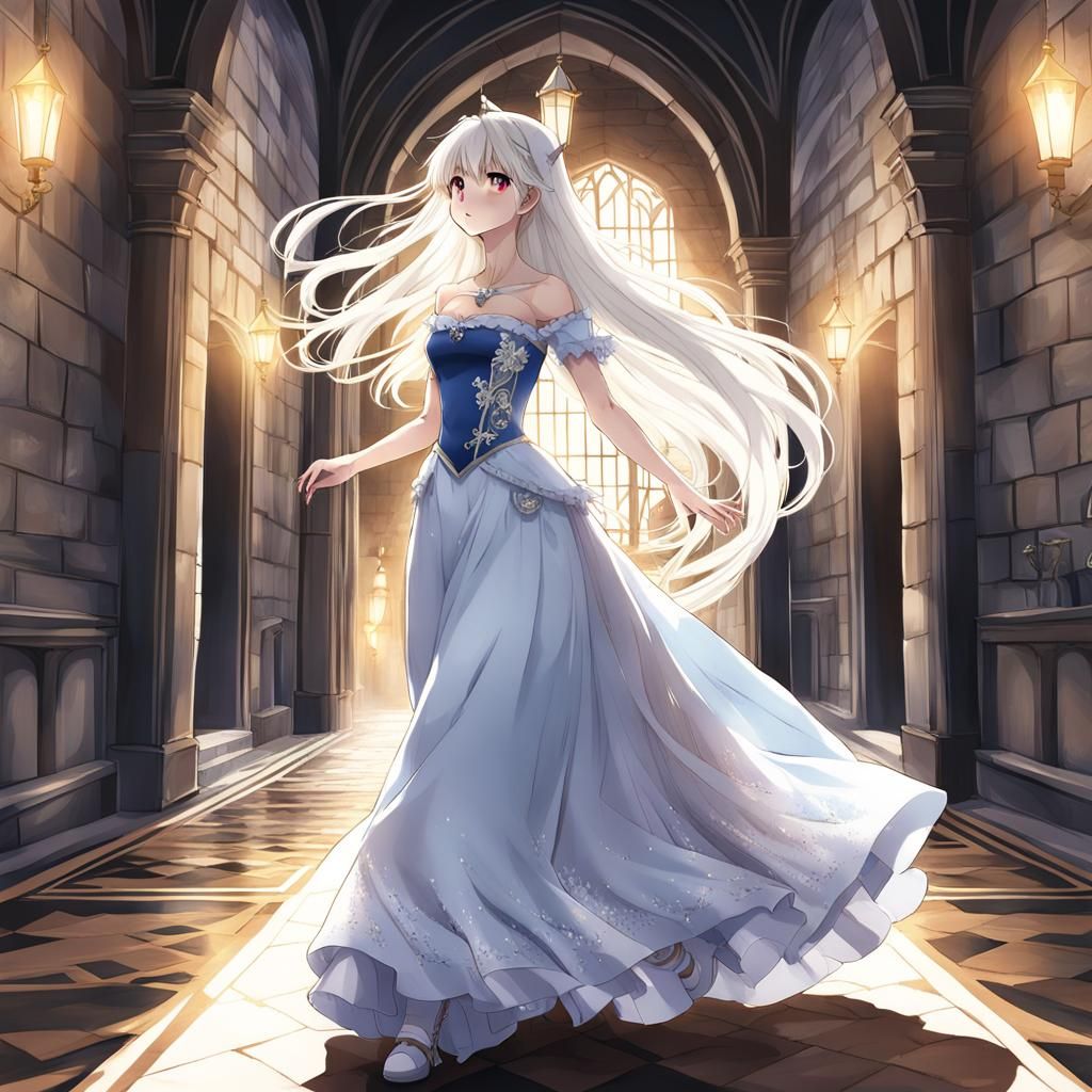 Anime Girl Running in Castle Hallway