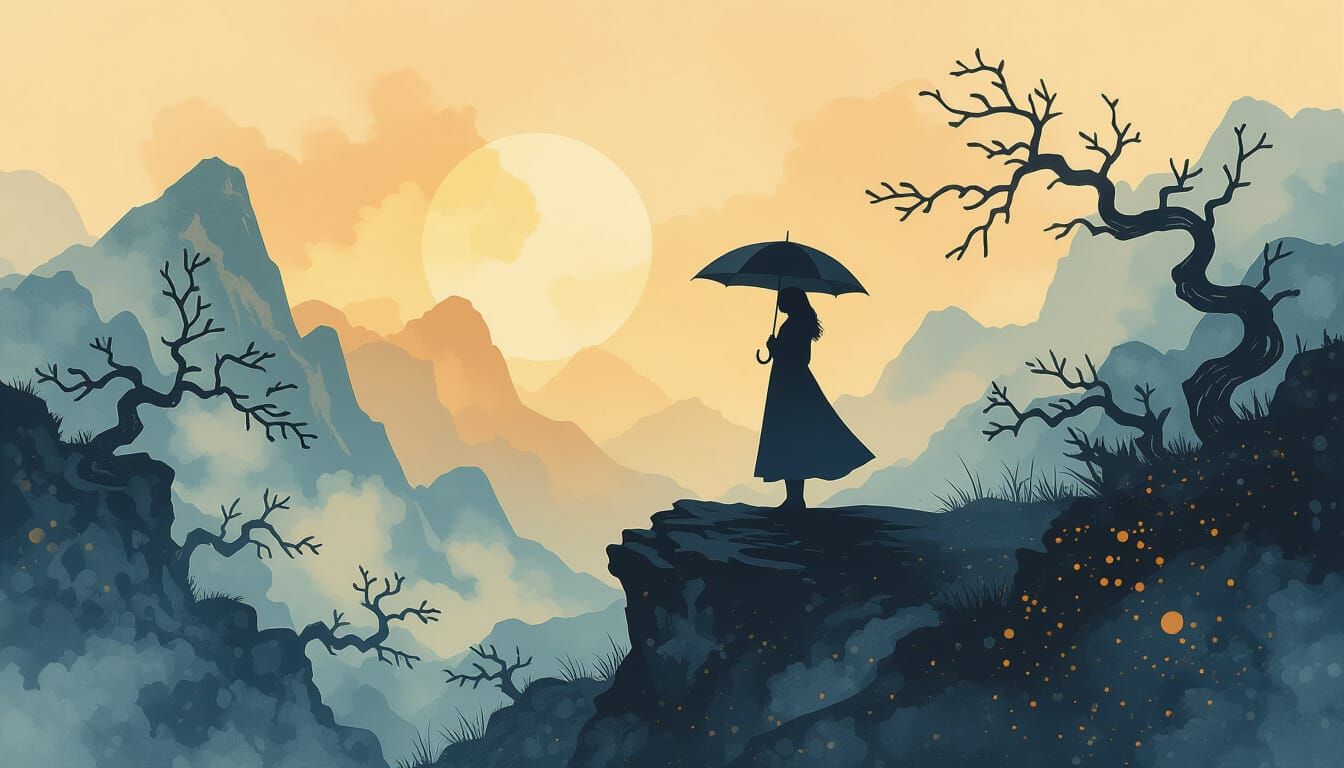 Melancholic Silhouette on Cliff in Watercolor and Ink