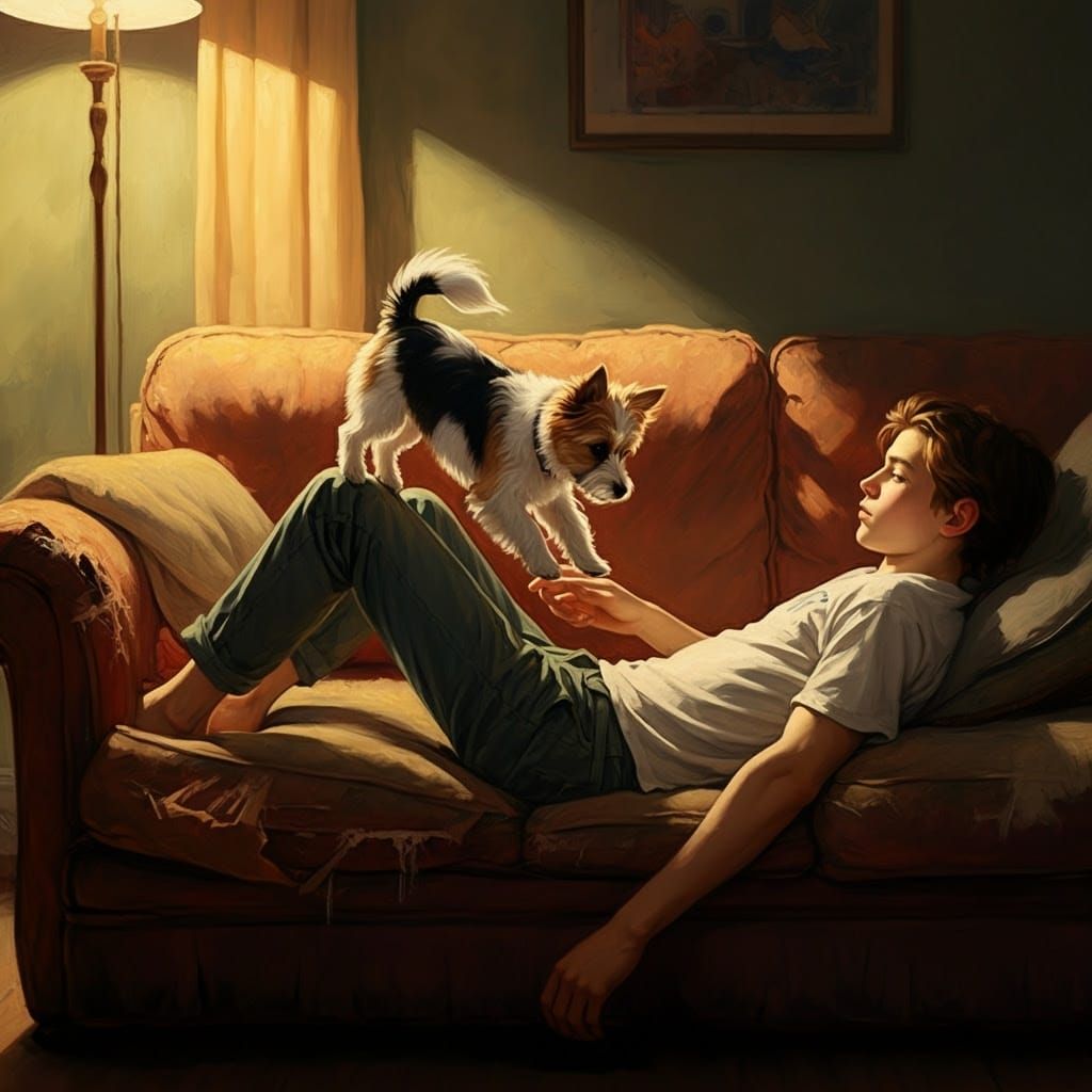 Playful Little Dog Jumps onto Reclining Youth in Cozy Home S...