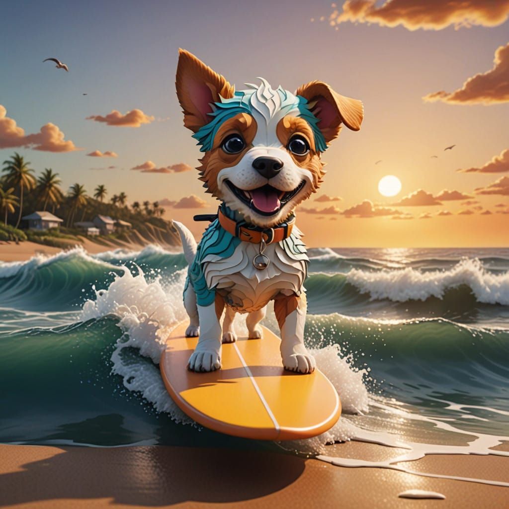 Cute Cartoon Surfer Dog Rides Sunset Waves