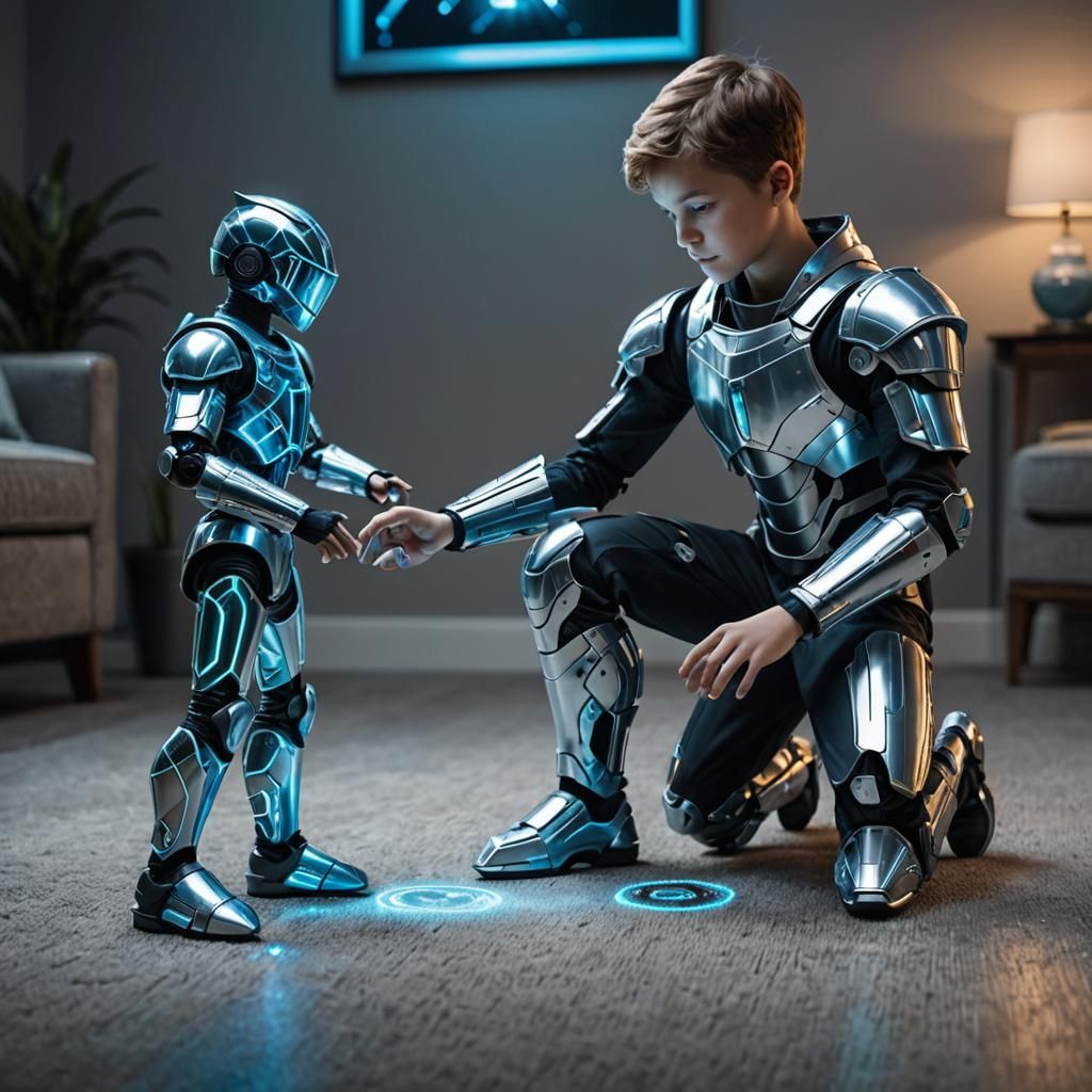 Boy Plays with Holographic Knight: Futuristic Toys