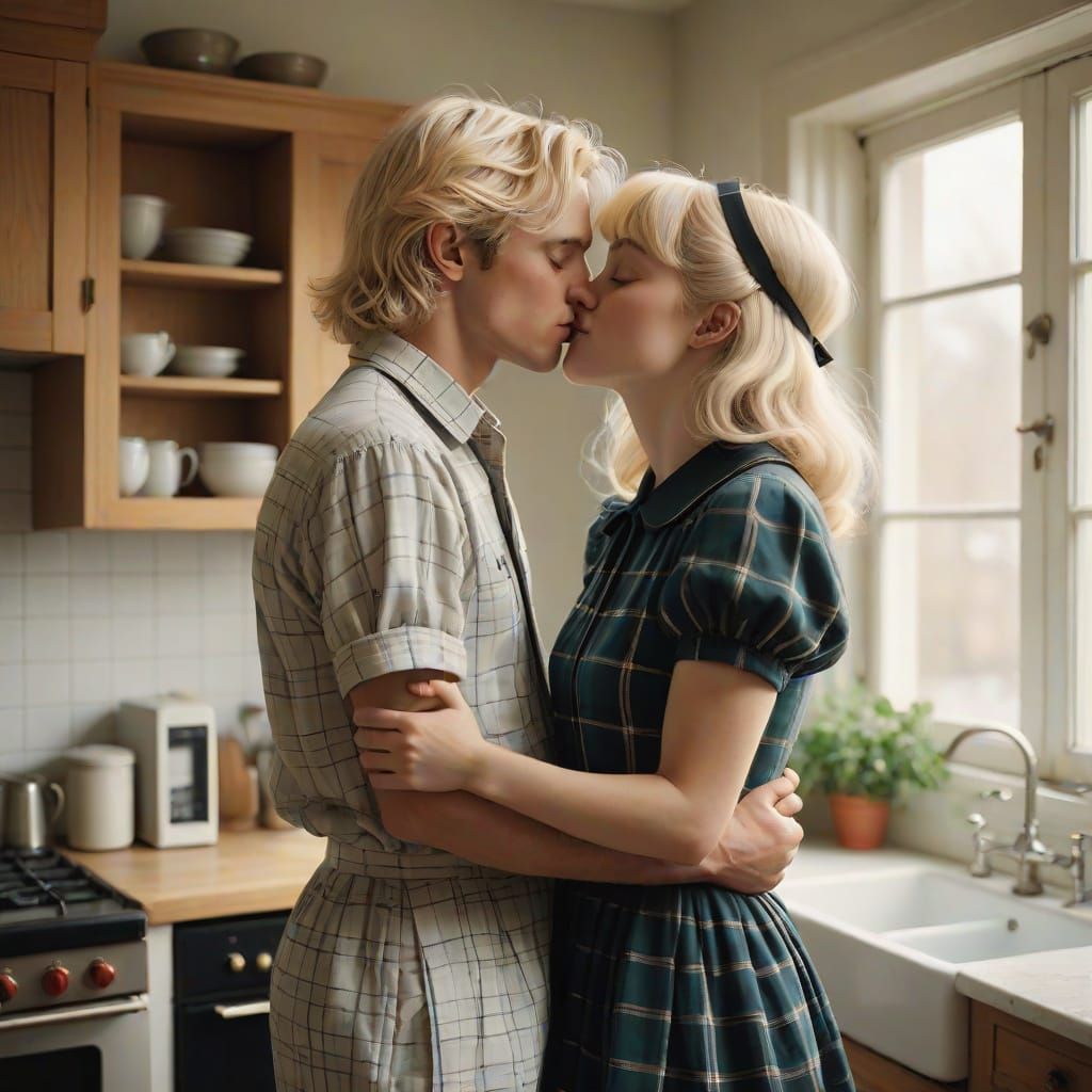 Joyful Couple Shares Tender Kiss in Cozy Kitchen