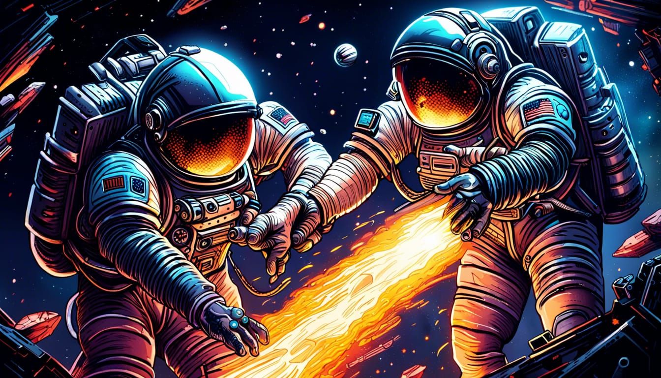 Astronauts Teamwork in Comic Book Art Style