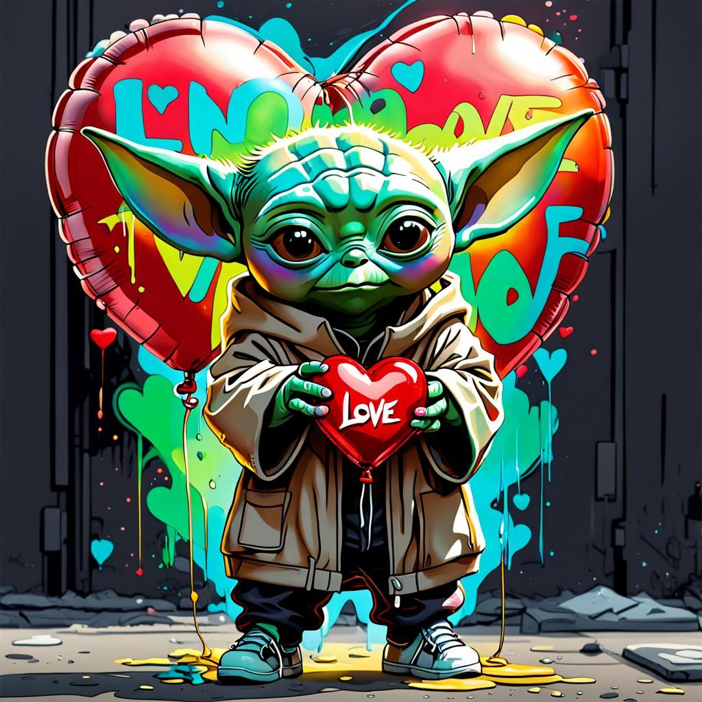 Cartoon Baby Yoda with Love Balloon in Graffiti Art