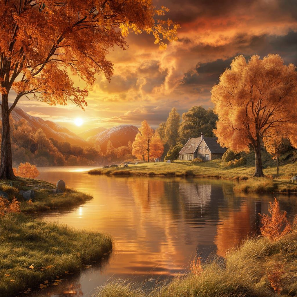 Autumn Sunset Over Lake: Breathtaking 3D Render