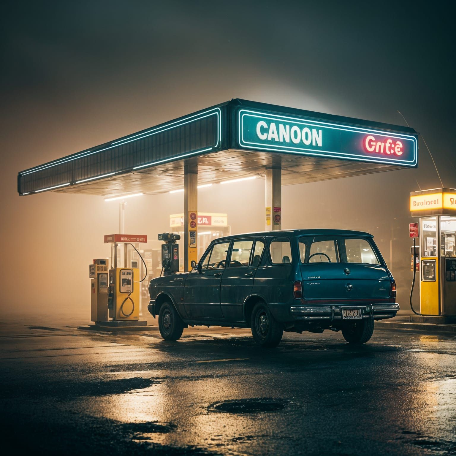 Surreal Gas Station at Night: A Liminal Space