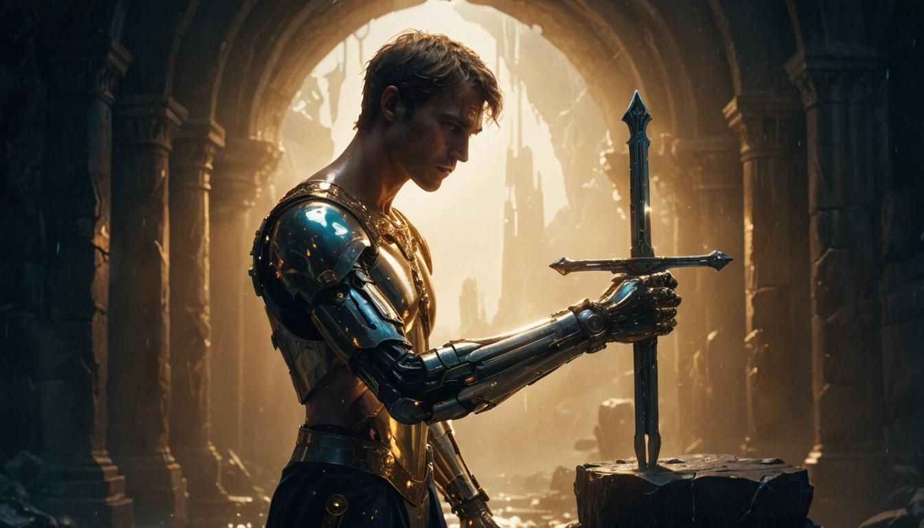 Cyborg King Arthur Pulls Excalibur: Sci-Fi Concept Art