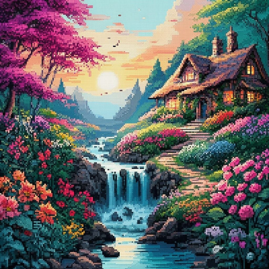 Pixelated Mosaic Artwork of Flower Garden and Waterfall at S...