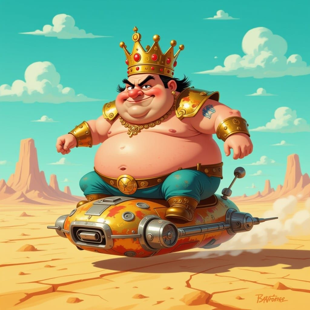 Steampunk Fat King Cruises Desert on Clunky Hoverboard