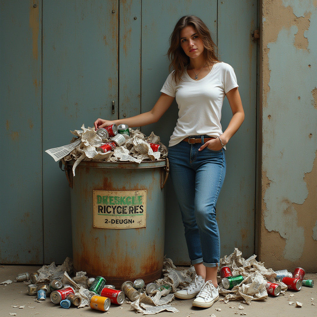 Hyperrealistic Portrait Beside Recycling Can