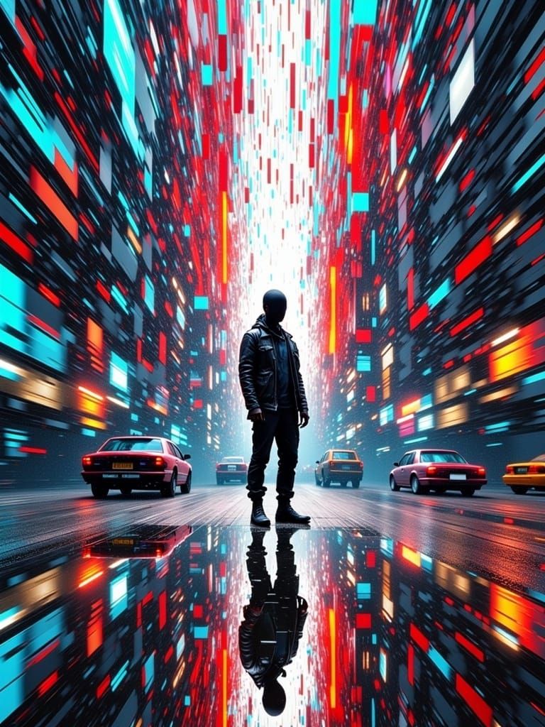 Glitched Figure in Unraveling Metropolis: Digital Art