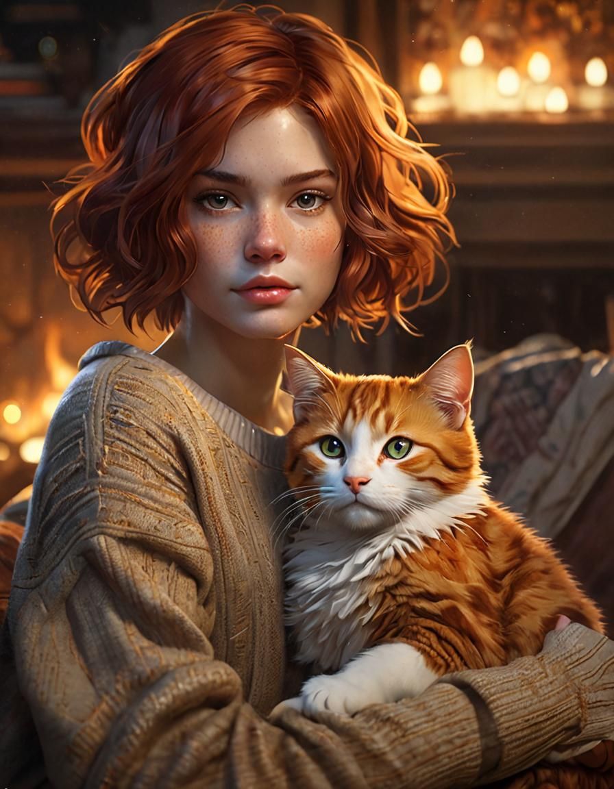 Cozy Portrait of Woman with Kitten