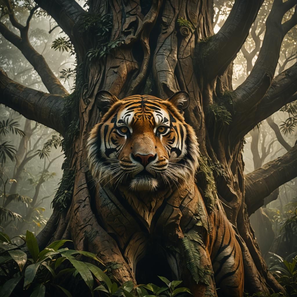 Tiger Face Carved in Jungle Tree