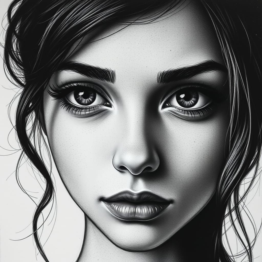 Vibrant Charcoal Portrait of a Young Lady's Face in Realisti...