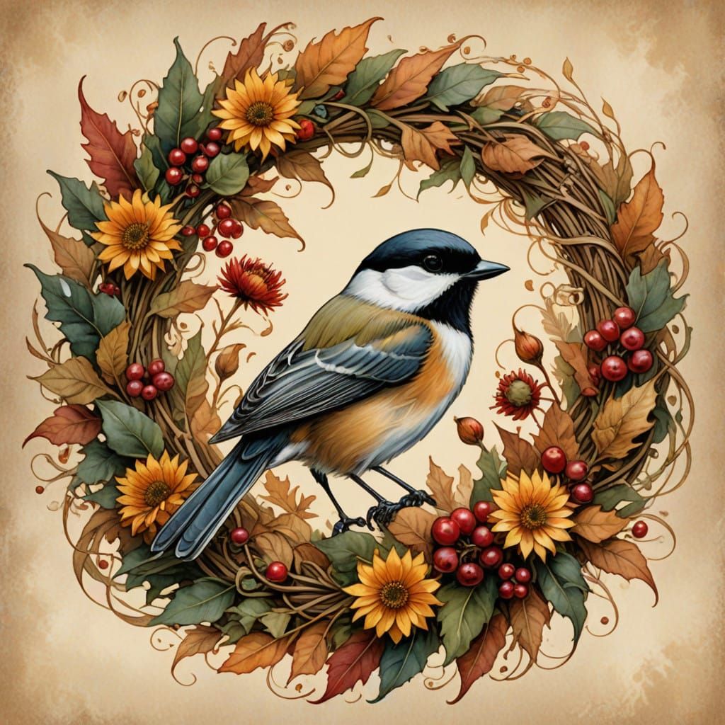Whimsical Chickadee Adorns Seasonal Wreath in Dreamy, Waterc...