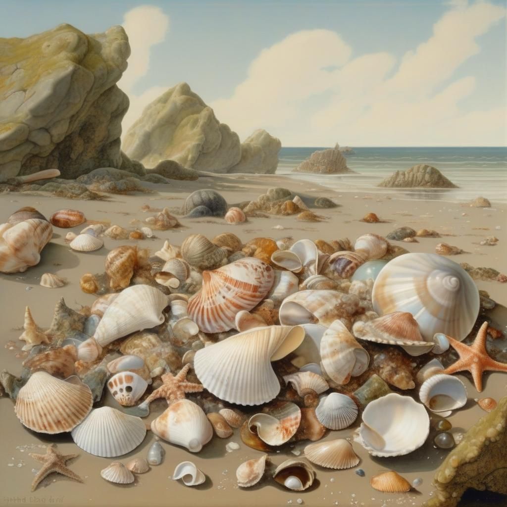 Seashells on Sunlit Beach in Fairy Painting Style