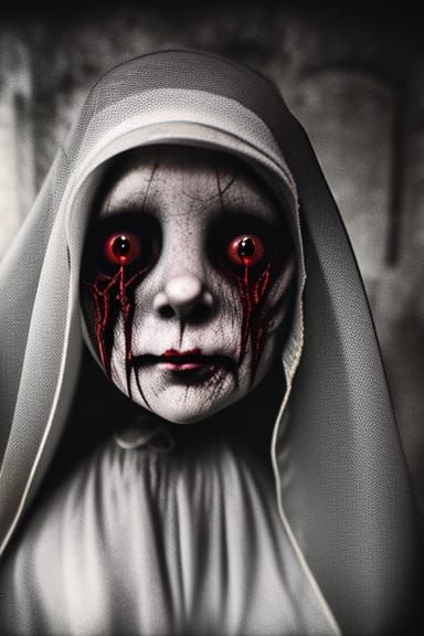 Terrifying Nun Doll Portrait in Gothic Horror Style