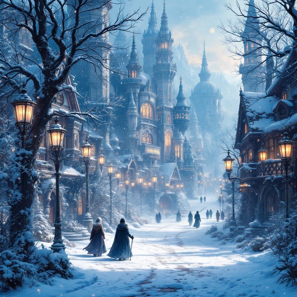Magical Winter Wonderland Scene in Luis Royo Style