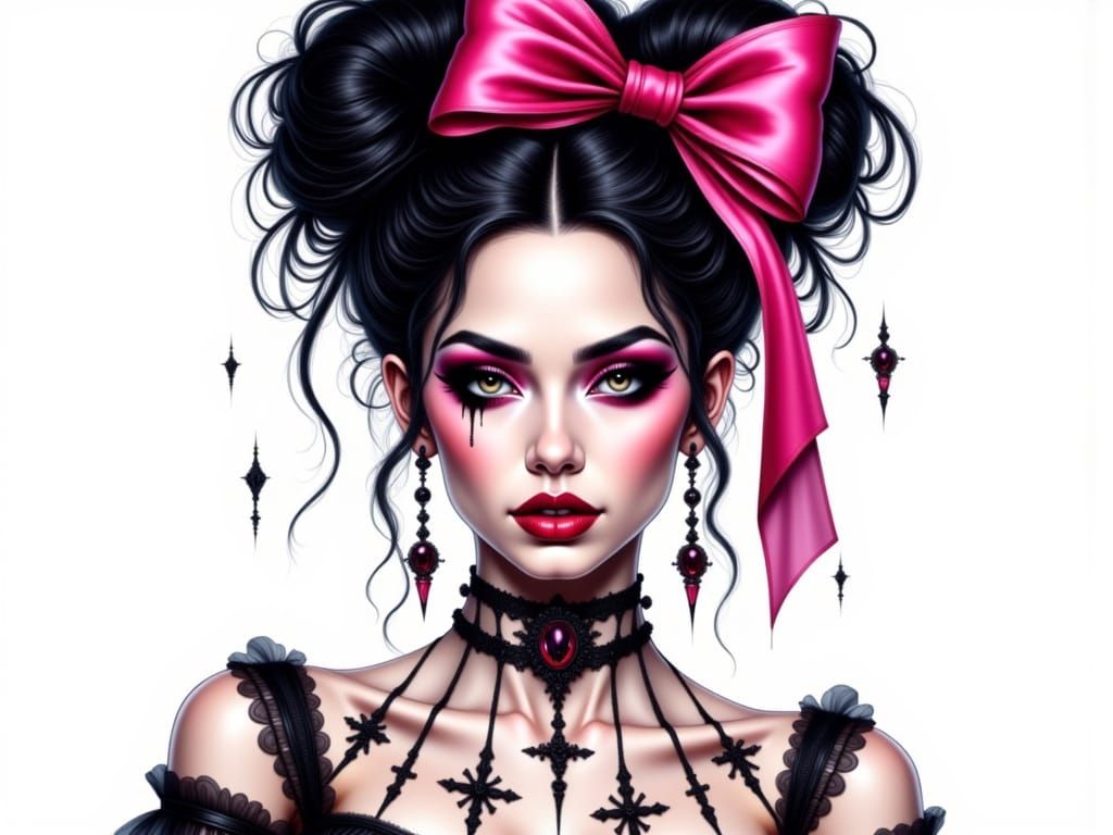 Gothic Woman with Pink Bow in Neon Noir Style