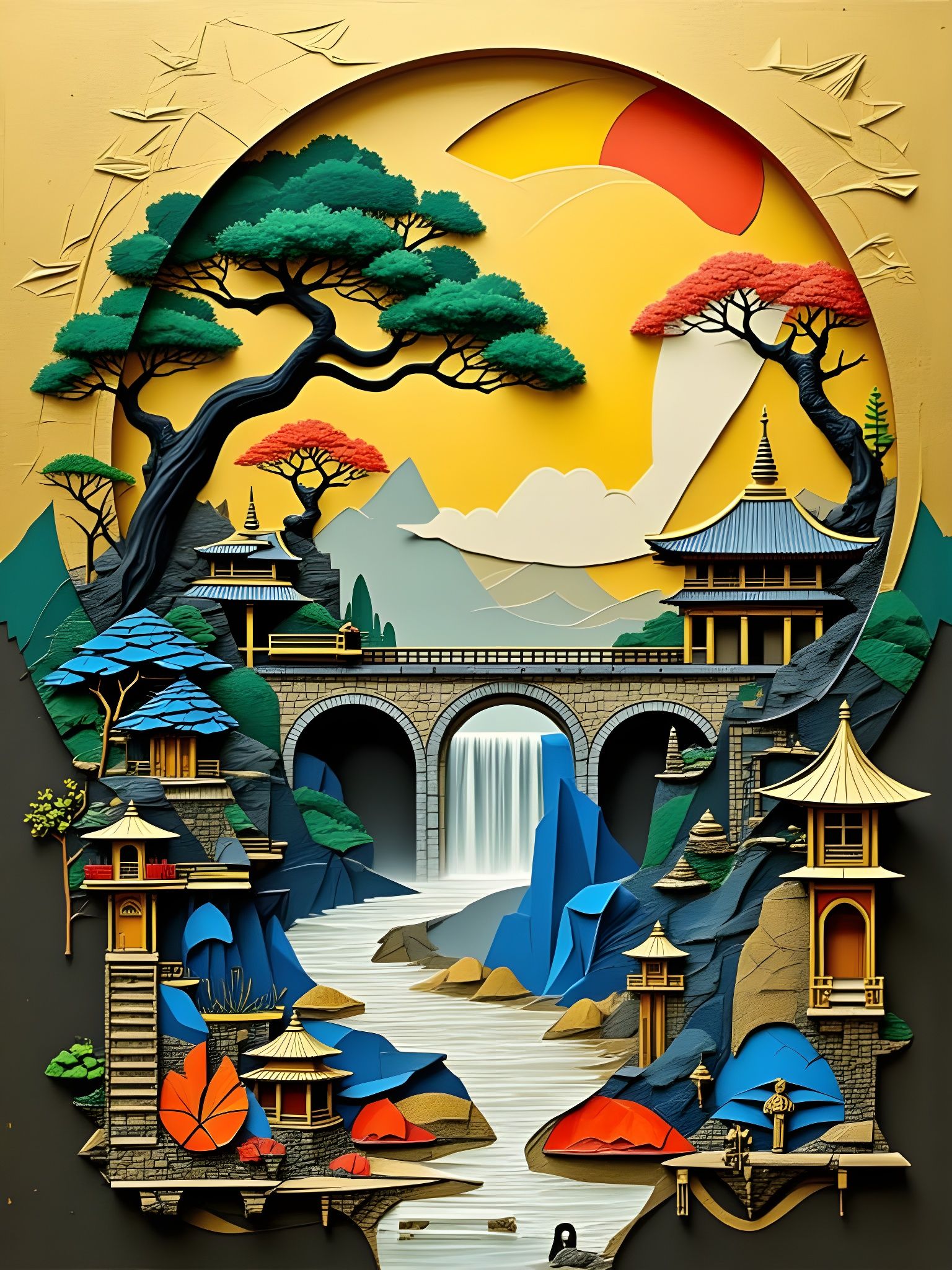 Gold Paper Aqueduct in Zen Garden